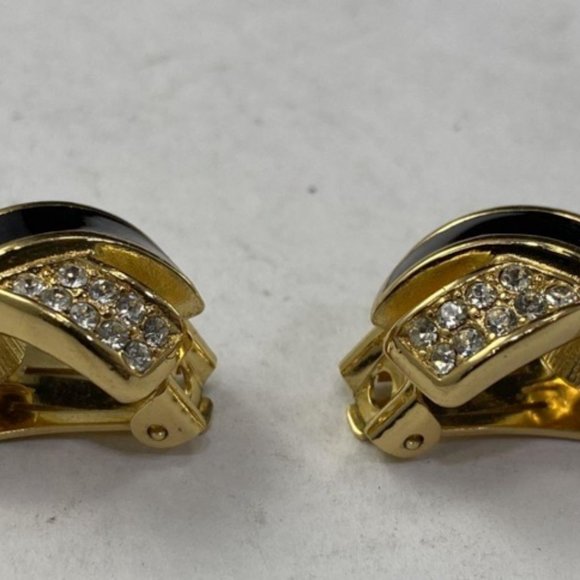 Christian Dior 100% Authentic Vintage Gold Black & Rhinestone Clip On Earrings - Picture 2 of 5